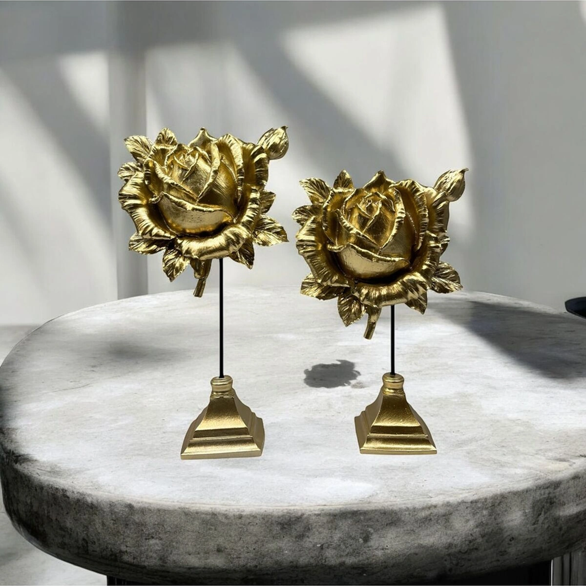 Dekoratif Polyester İkili Dik Gül Çiçek Gold Sade