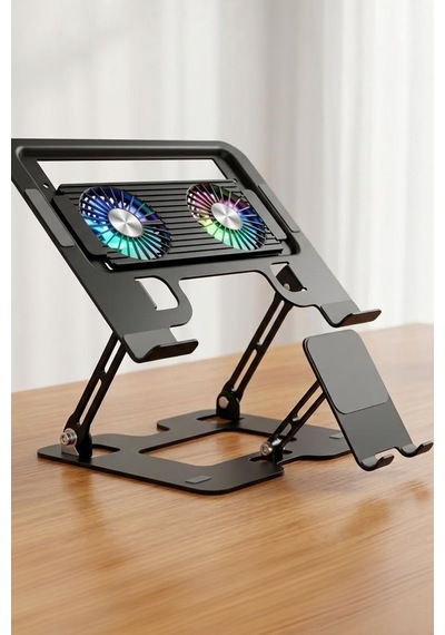 Çift Fanlı Rgb Işıklı Ayarlanabilir Katlanabilir Laptop Standı Ve Soğutucu Ergonomik Alüminyum Notebook Standı