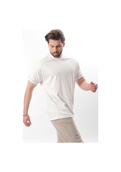 Madmext Ekru Bisiklet Yaka Çoban Dikişli Overfit Erkek T-shirt E7103 Ekru