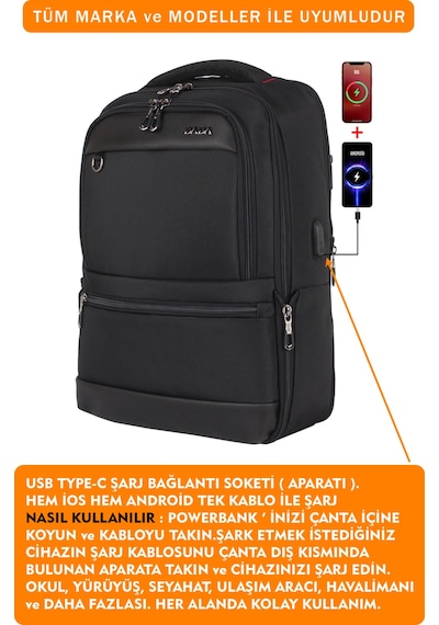 14"-15,6" İnç Körüklü Siyah Laptop Sırt Çantası Unisex Su Geçirmez Kumaş Siyah