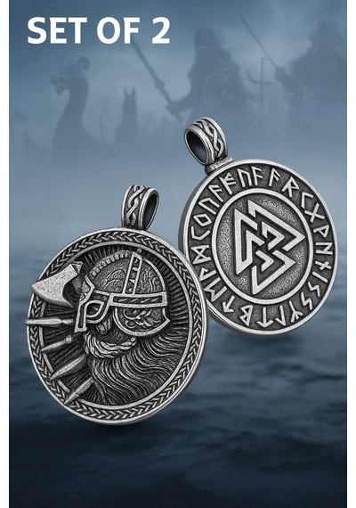Paslanmaz Çelik 2 Li Viking Kolye Seti Valknut Ve Savaşçı Sembolü Erkek Kolye Gümüş