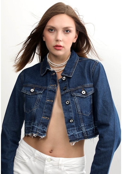 Kadın Püsküllü Crop Jean Ceket mavi