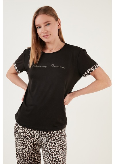 Lela Yumuşak Dokulu Bisiklet Yaka Bayan Pijama Takımı 6097605 Siyah-Leopar