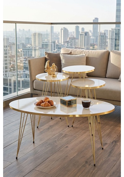 Northcity Zigon Sehpa Ve Orta Sehpa Elips Set Gold Krem Tel Altın - Krem