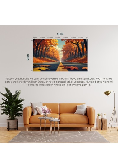 Doğa Ve Manzara Yatay Sonbahar Ağaçlarının Arasında Ufka Doğru Uzanan Yalnız Yol 03 Çerçevesiz 90x60cm Pvc Tablo