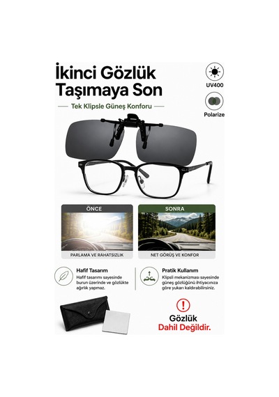 Polarize Güneş Gözlüğü Klipsi Uv400 Korumalı Gözlük Üstü Klips Hafif Mekanizmalı - Siyah Çerçevesiz