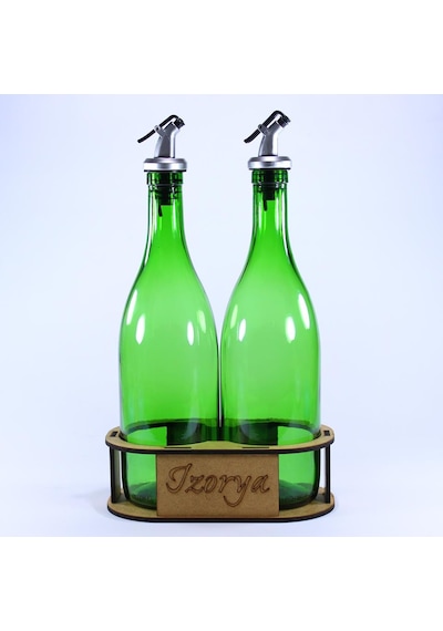 Lazer Kesim Stantlı Zeytinyağı Şişe Seti 2 Li Yağdanlık Sosluk Sirkelik 2 750 Ml Açık Yeşil Silver Renk Akıtıcılı
