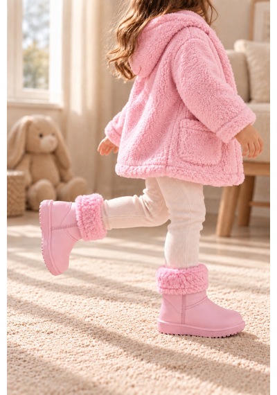 Altın Pabuç Çocuk Kürklü Bot Su Geçirmez Kaymaz Taban Erkek Kız Unisex İçi Kürklü Çocuk Yağmur Çizmesi Kar Botu Pembe