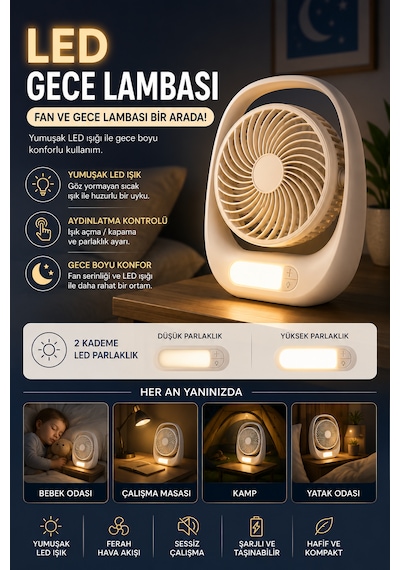 Şarjlı Led Masaüstü Fan 1800 Mah 3 Kademeli Taşınabilir Mini Auhma Masa Vantilatör Type-c Şarjlı 180 Dönebilen Başlık