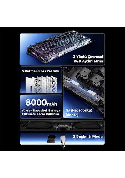 Gravastar Mercury K1 Rgb Kablosuz Mekanik Gaming Klavye, İngilizce Q, Stealth Black