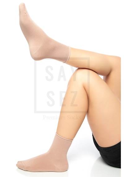 Saysez Bambu Kadın Lastiksiz Bej Soket Dikişsiz Premium Çorap 3'lü Pkt Bej