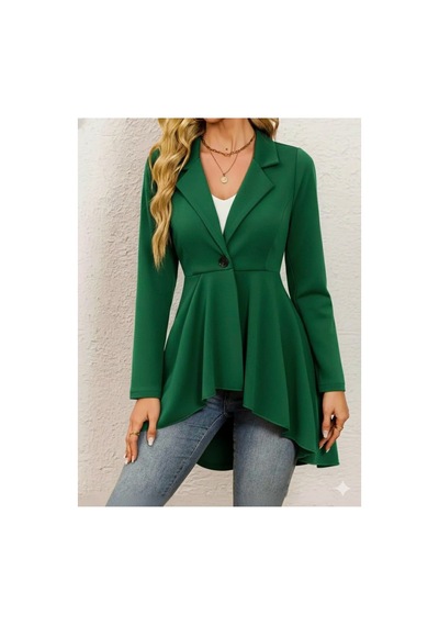 Butik İstanbul Kadın Uzun Kollu Yakalı Önden Düğmeli Uzun Atlas Blazer Ceket Yeşil