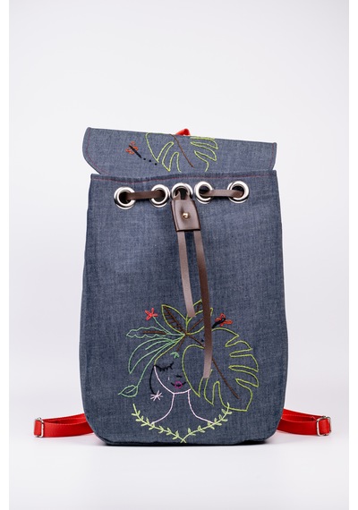 Fabric Craft Bag Sırt Çantası Kot Kumaş Nakışlı Astarlı 38x40 Cm Kot