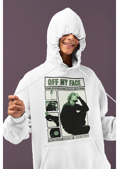 Sevbano Tasarım Justin Bieber Off My Face Baskılı Unisex Oversize Şarkıcı beyaz