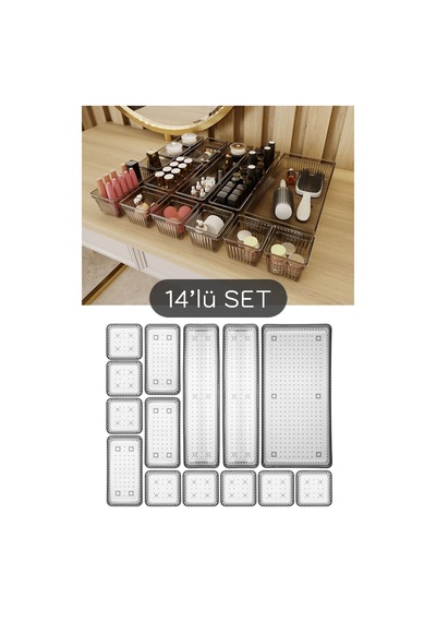 14 Parça Mega Banyo Kozmetik Takı Düzenleyici Makyaj Organizer - Modüler Çekmece Içi Düzenleyici