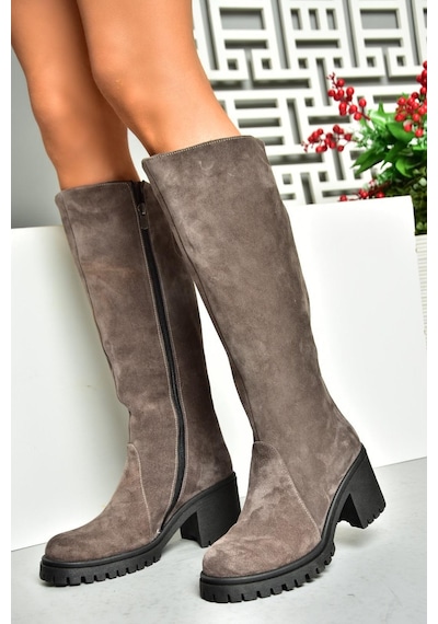 Fox Shoes R654047702 Füme Hakiki Deri Süet Kalın Topuklu Kadın Çizme Füme