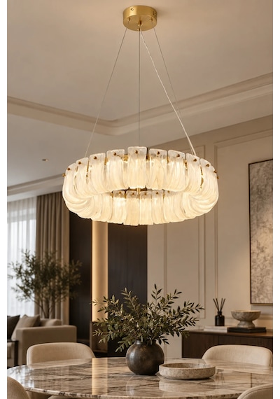 Modern Premıum Gold Sarkıt Cam Avize 3 Renk Led Aydınlatma Luxury Salon Avizesi 56w Beyaz