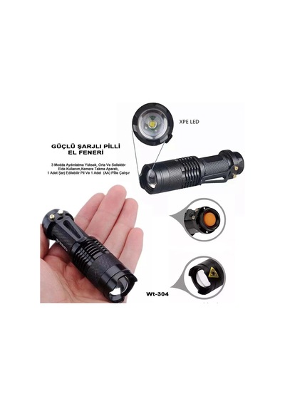 Mini Güçlü Şarjlı Pilli El Feneri Wt-304 Açık Kırmızı