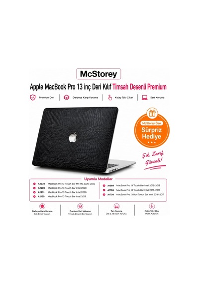 Macbook Pro 13 İnç Kılıfı A1708 A1706 A1989 A2159 A2251 A2289 A2338 M1 M2 Uyumlu Sert Kapak Timsah Desenli Deri Dokulu 360 Koruma Siyah