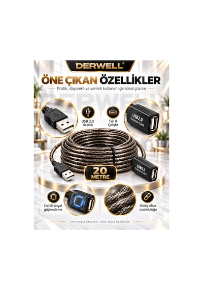 Yeni 2026 20 Metre Usb 2.0 Aktif Uzatma Kablosu Dahili Güçlendirilmiş Sinyal Çipli Kopma Donma Yapmaz Tak Çalıştır Erkek Dişi Yüksek Hızlı Kararlı Veri Aktarım Kablosu Gold Seri Premium