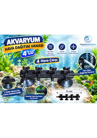 Akvaryum Hava Dağıtım Vanası 4'lü Hassas Hava Ayarı Bağımsız Çıkış Kontrolü Çift Vantuzlu 11 Cm