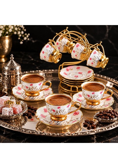 Valkyrie 6 Kişilik 13 Parça Standlı Kahve Fincanı Seti 90 Ml Çiçek Desenli Altın Detaylı K655 Pembe