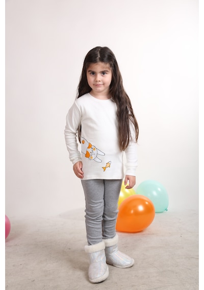 Teenyweenykids Kedi Baskı Pijama Takımı Ekru