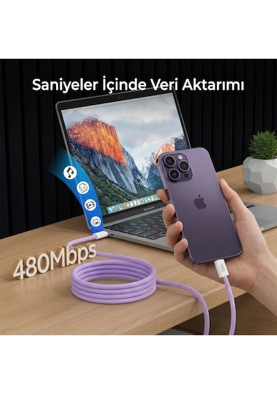 Bix T4cc 65w Usb-c To Usb-c Manyetik Tasarımlı Örgülü Hızlı Şarj Ve Data Kablosu 1 Metre Mor