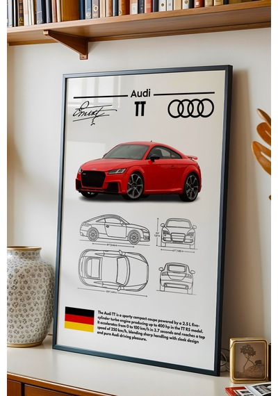Audi Tt Tablo - Teknik Özellikli Alman Spor Coupe Poster - Çerçeveli Duvar Dekoru - Araba Blueprint Siyah
