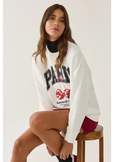 Hiccup Baskılı Rahat Kesim Bisiklet Yaka Sweatshirt Tozlu Beyaz