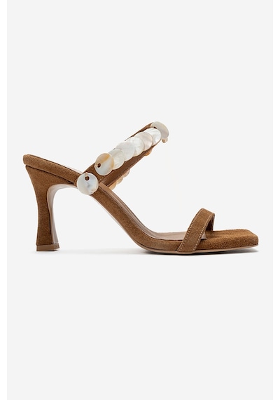 Luvishoes Arund Taba Süet Hakiki Deri Sedef Pul Aksesuarlı Kadın İnce Topuklu Terlik