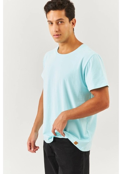 Erkek Oversize Rahat %100 Pamuklu Penye Bisiklet Yaka Kısa Kol Basic T-shirt Buz Mavisi