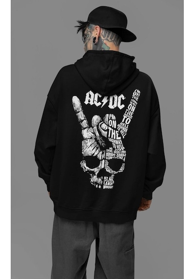 Sevbano Rock Metal Müzik Grubu Baskılı Unisex Oversize Ac Dc Hoodie Siyah