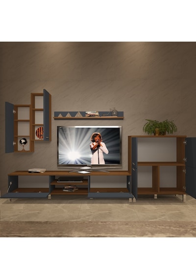 Decoraktiv Eko 6 Mdf Dvd Krom Ayaklı Tv Ünitesi Tv Sehpası Ceviz - Antrasit