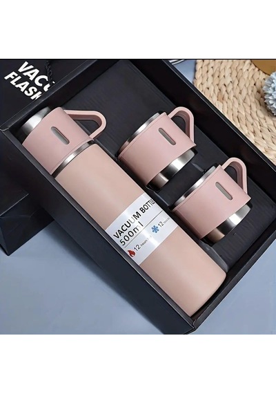 Termos Seti, Paslanmaz Çelik Termos 500ml, 2 Fincan İle, Seyahat Seti, Pembe