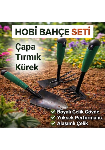 Çapa Tırmık Kürek 3 Lü Set Metal Hobi Bahçe El Aletleri Saksı, Çiçek, Bitki Ve Toprak Kazma Seti