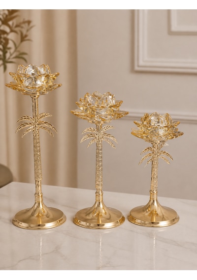 3 Lü Palmiye Tasarımlı Dekoratif Şamdan Mumluk Seti Gold Metal & Cam Detaylı 33 Cm 27 Cm 23 Cm Modern Lüks Ev Dekoru