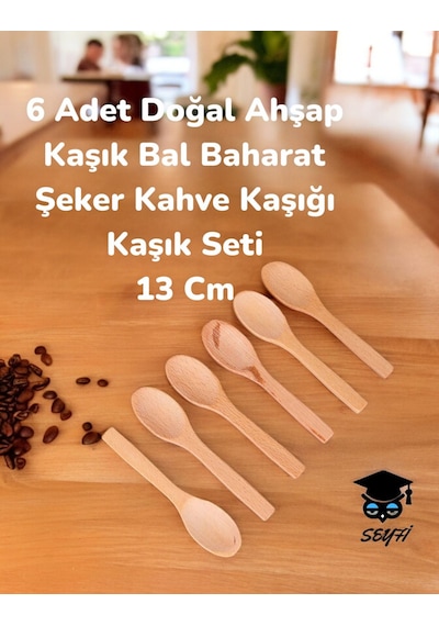 6 Adet Doğal Ahşap Kaşık Bal Baharat Şeker Kahve Kaşığı Kaşık Seti 13 Cm