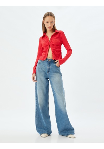 Koton Uzun Kollu Tişört Gömlek Yaka Düğmeli Slim Fit Dokulu Kırmızı 5wal10501ık Kırmızı