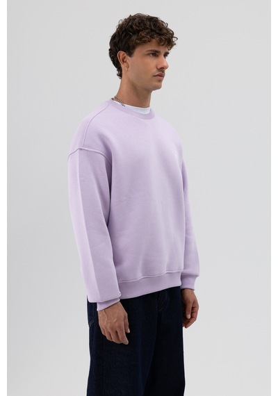 Vamos Oversize Bisiklet Yaka Baskılı Sweatshirt Lila