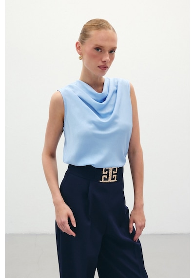 Sateen Degaje Yaka Saten Bluz - Mavi-136199 Mavi