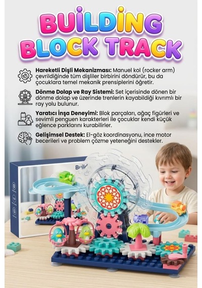 Lunapark Temalı Dönme Dolap Ve Tren Raylı Penguen Figürlü Dıy Çarklı Eğitici Yapı Oyuncak Seti