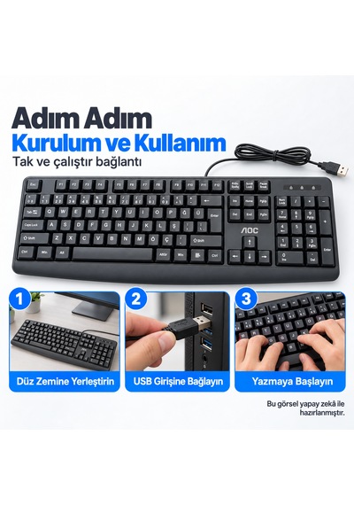 Aoc Kb120 Türkçe Q Usb Kablolu Sessiz Klavye Siyah