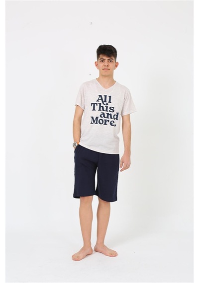Akbeniz Erkek Genç Garson Boy Kısa Kol Krem Penye Şortlu Pijama Takımı 20377