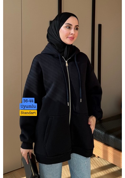 Balenbi Kadın 3 İplik İçi Polarlı Kapüşonlu Tesettür Basic Sweat Hırka 395 Siyah