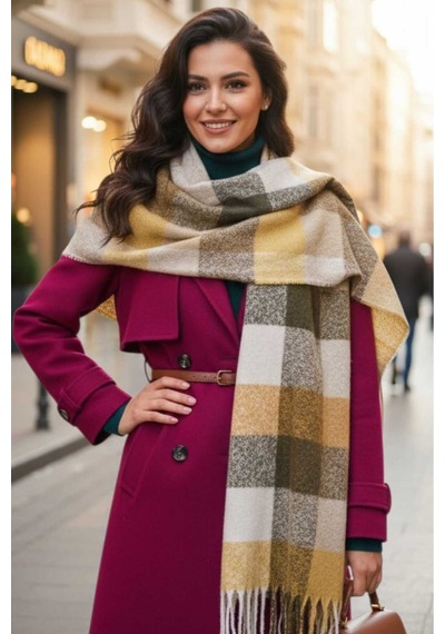 Tezzgelsin Kadın Premium Soft Ekose Buklet Atkı Ekose Şal Atkı Camel - Haki - Bej