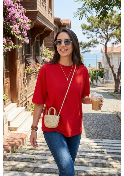 Lela Streç Oversize Fit Bisiklet Yaka Bayan T Shirt 5865911 Kırmızı