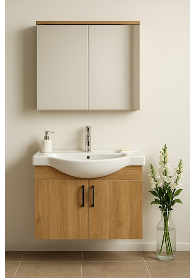 Nova 80 Cm Mdf Ahşapi, Oval Seramik Lavabo, Banyo Dolabı Takımı Ahşap