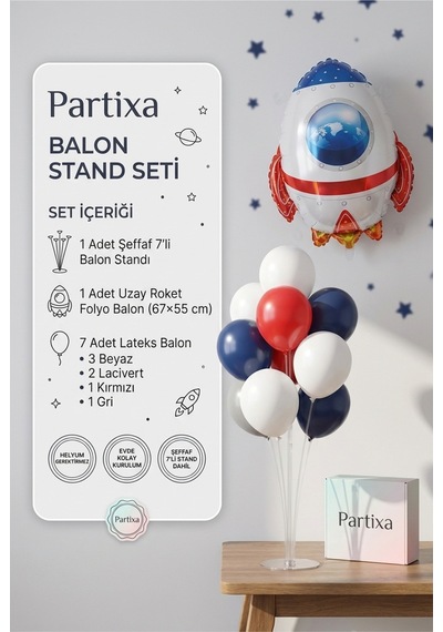Uzay Roket Balon Stand Seti Şeffaf 7 Li Stand + Uzay Roket Folyo Balon 67 55 Cm + 7 Lateks Balon