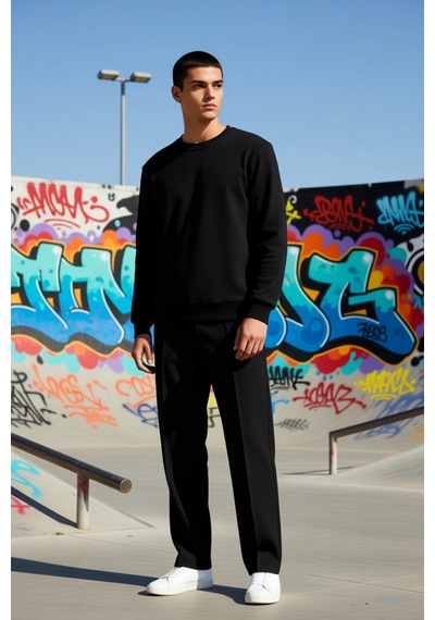 Benerly Erkek Bisiklet Yaka Standart Kol Regular Kalıp Sweatshirt Fonksiy siyah